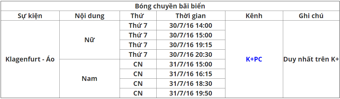 Lịch phát sóng K+ tuần 31.3