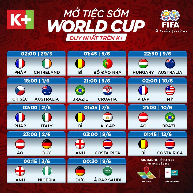 giao hữu World Cup 2018, truyền hình K+, World Cup 2018, WC 2018, WC