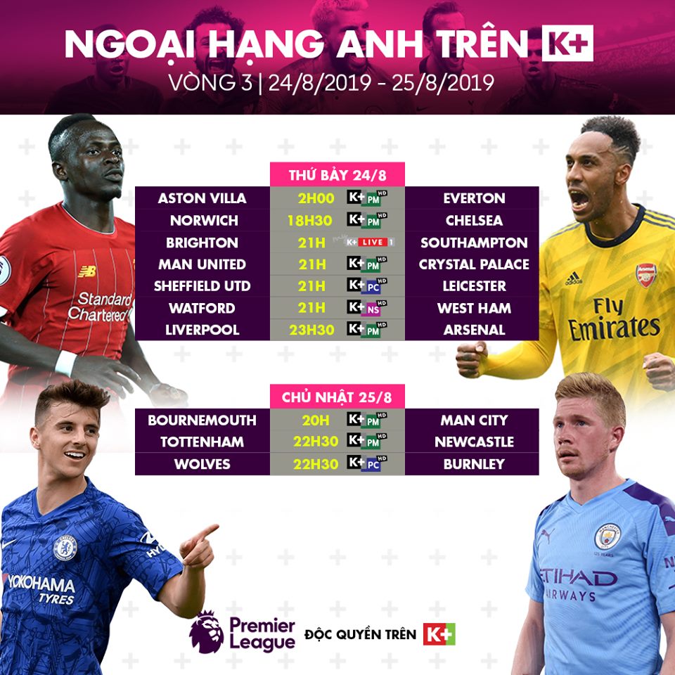 Lịch Thi Đấu Ngoại Hạng Anh EPL 2019 Vòng 3, lịch Ngoại hạng Anh, EPL, truyền hình K+